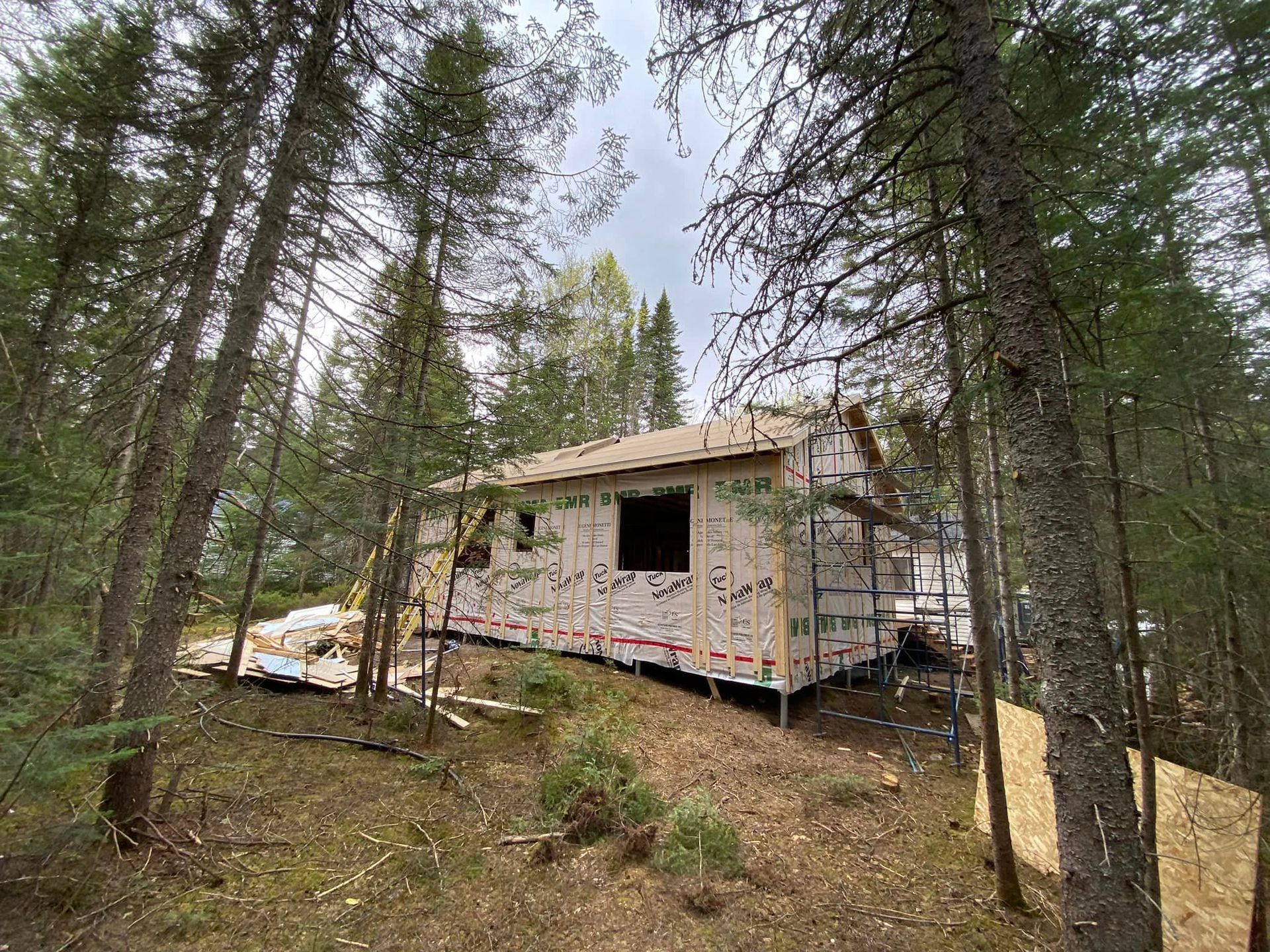 A small house is being built in the middle of a forest.
