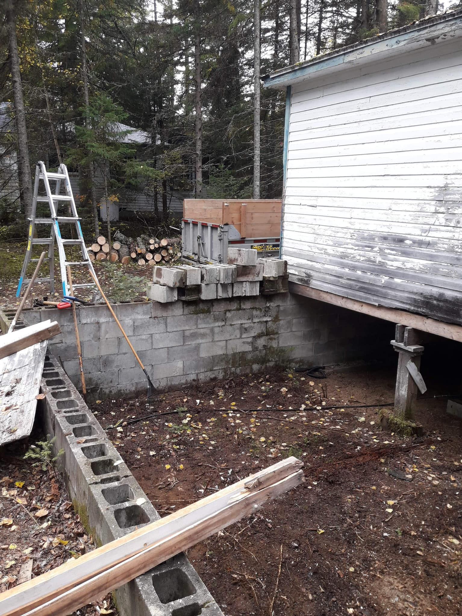 A ladder is sitting next to a brick wall next to a house.