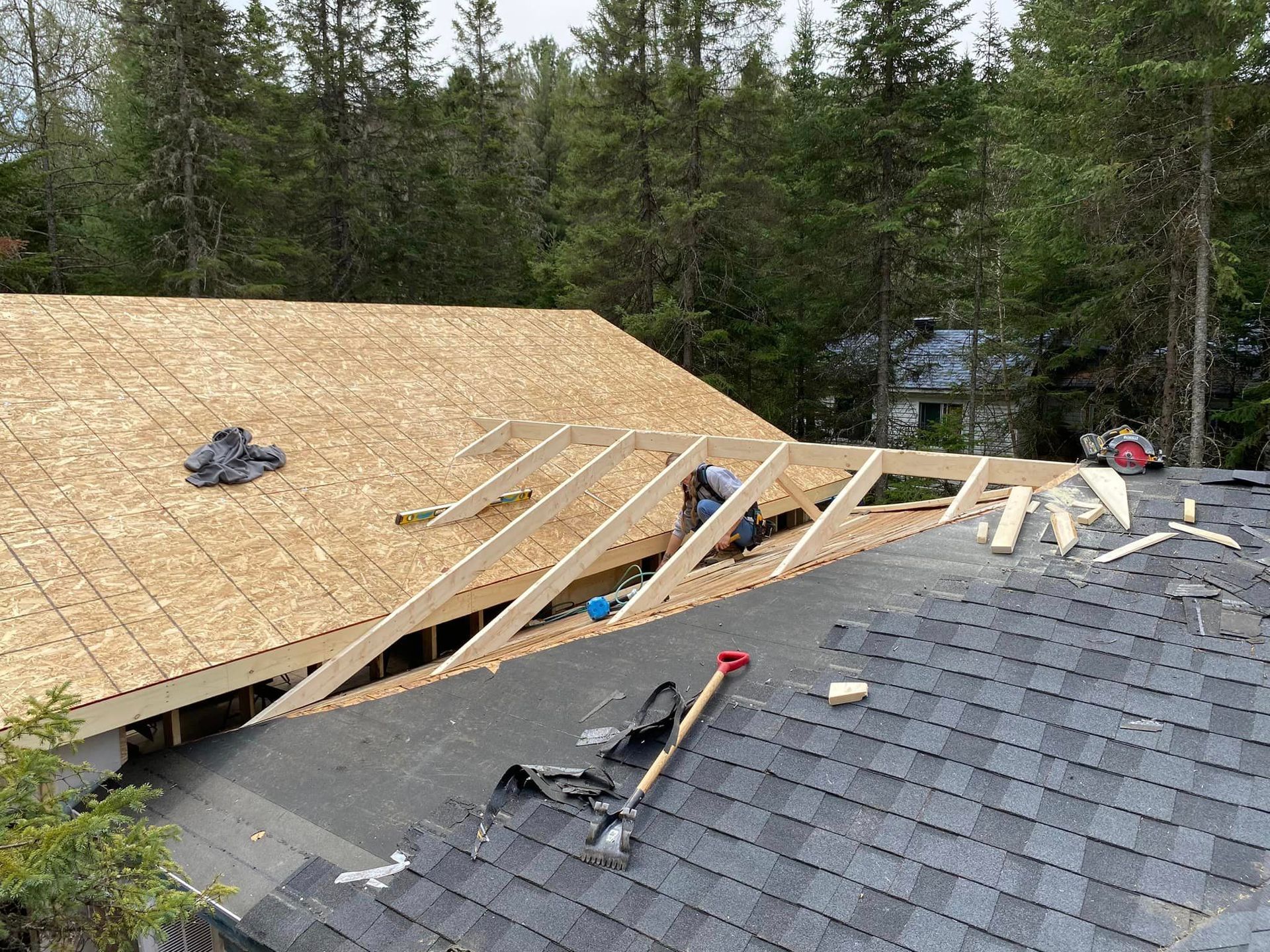 A roof is being built on a house in the woods.