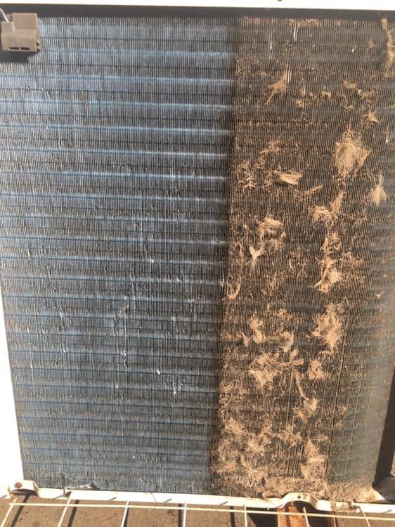 A close up of a dirty radiator next to a clean one — Commercial Air Conditioning Hunter Valley