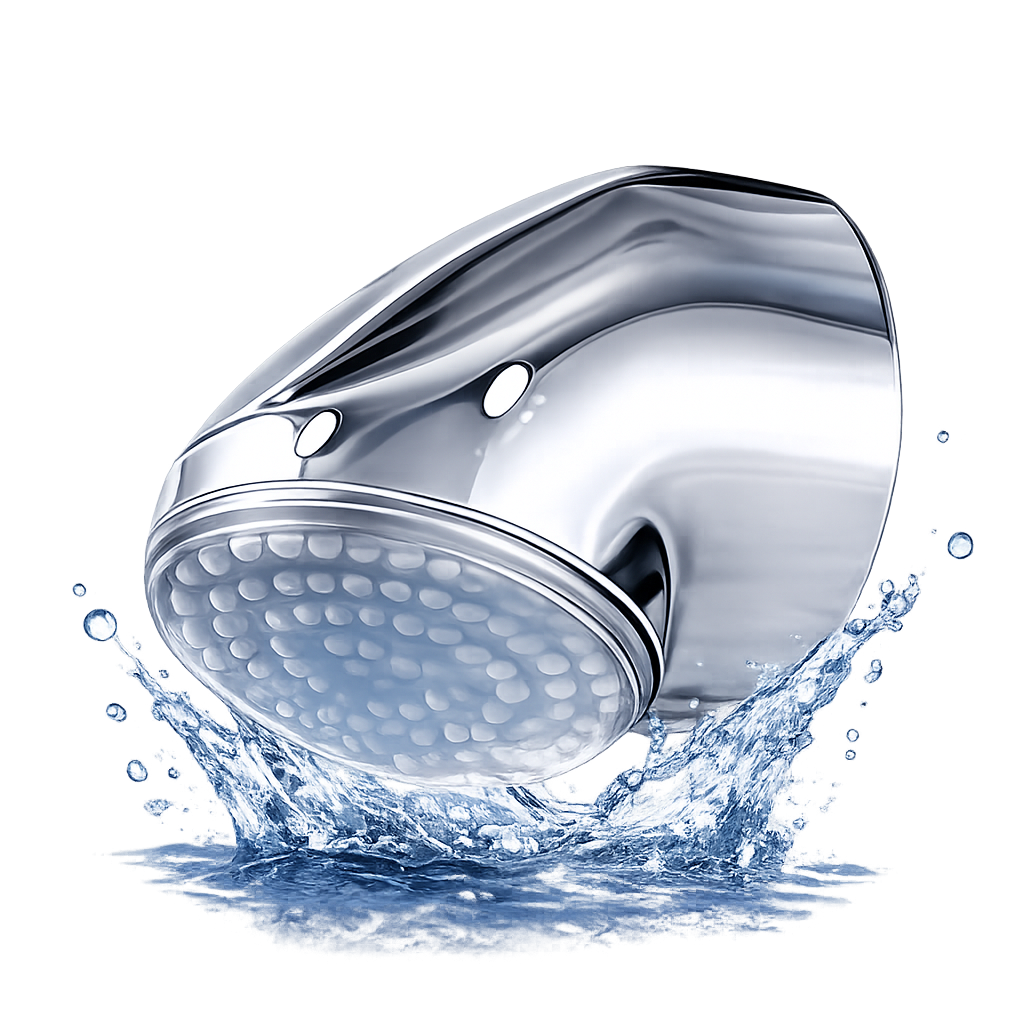 Chromen handdouchekop die water sproeit op een witte achtergrond.