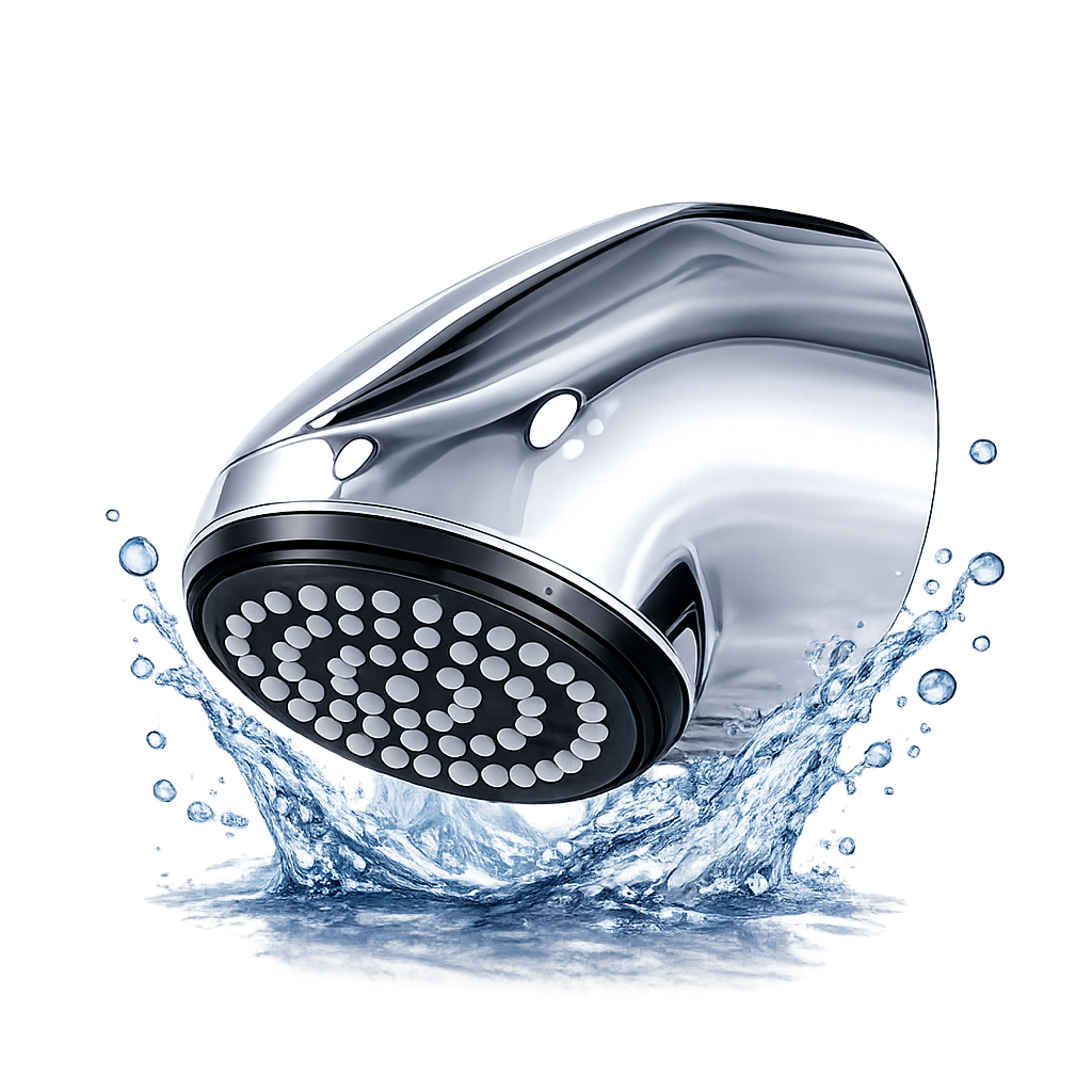 Chromen douchekop die water sproeit tegen een witte achtergrond.