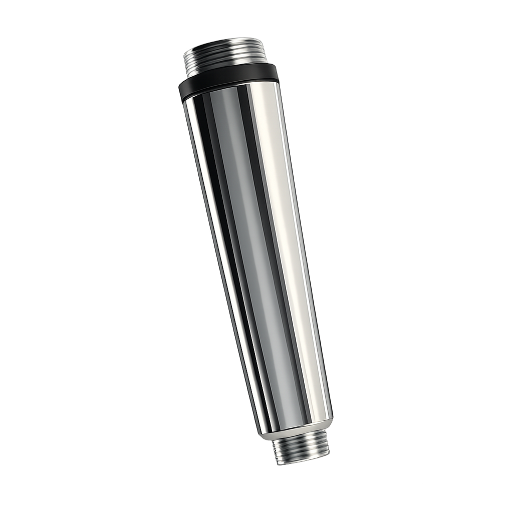 Verchroomde cilindrische connector met schroefdraad aan de uiteinden op een witte achtergrond.