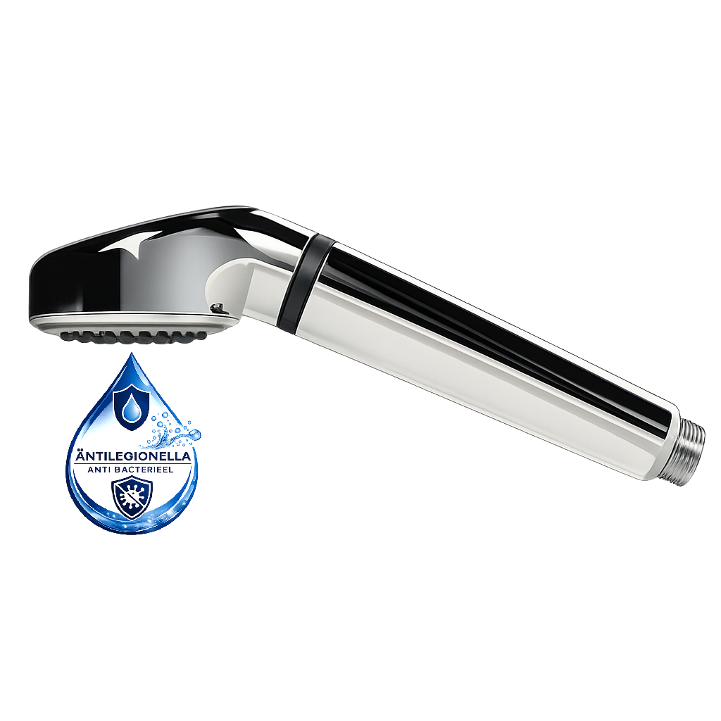 Chromen handdouchekop met logo van een hangende waterdruppel op een witte achtergrond.
