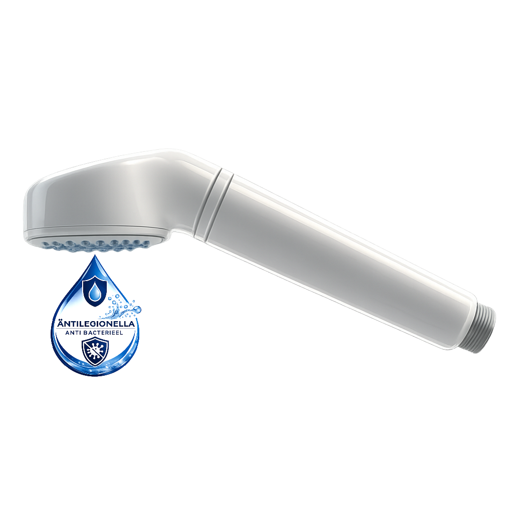Witte handdouchekop met blauw waterbesparend druppellogo op een witte achtergrond.