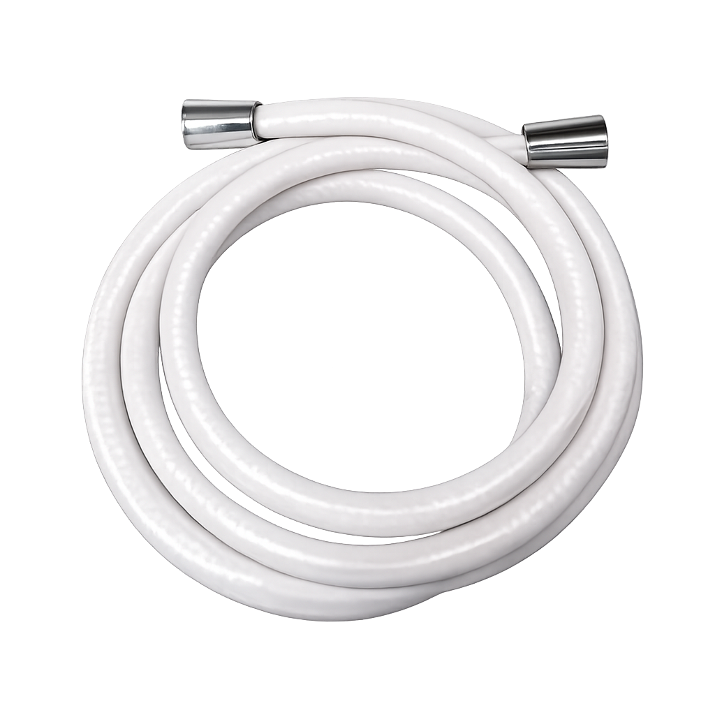 Witte spiraalkabel met zilverkleurige metalen connectoren aan beide uiteinden.