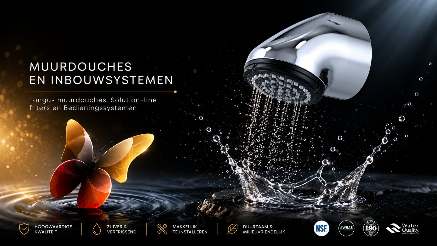 Chromen douchekop die water sproeit naast een vlinder op een zwarte achtergrond met Nederlandse tekst over douchesystemen.