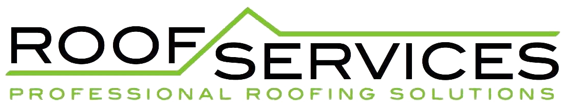 Roof Services logo with green roof outline, text: Professional Roofing Solutions.