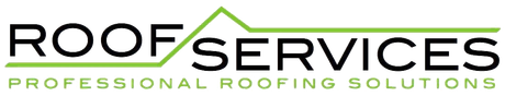 Roof Services logo with green roof outline, text: Professional Roofing Solutions.
