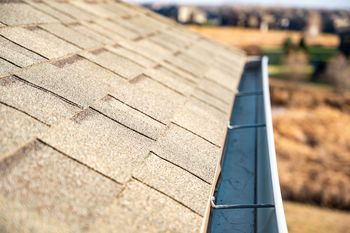 Close-up of a house roof with brown shingles and a silver gutter, blurry background of homes and nature.