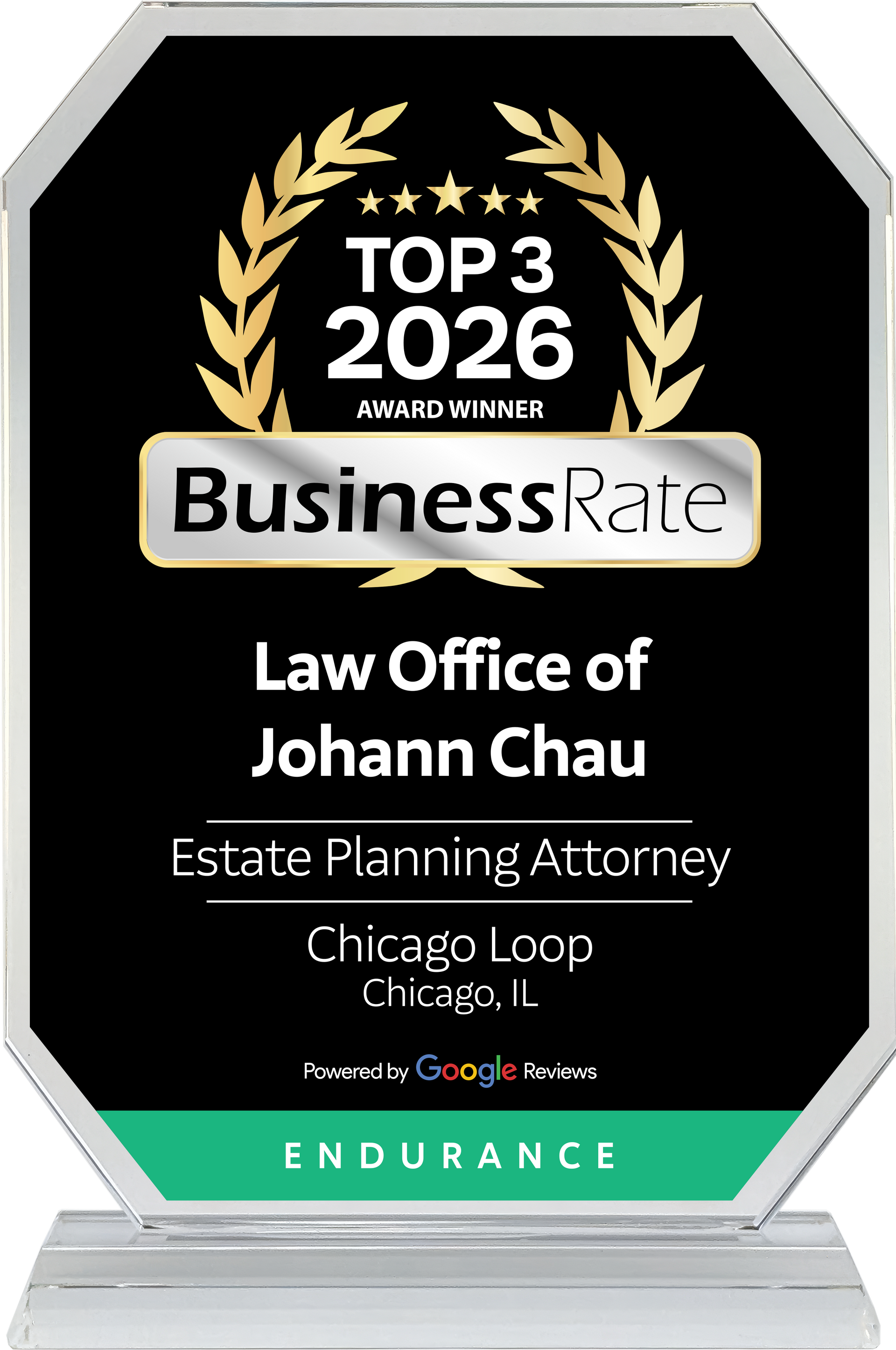 BusinessRate Top 3 2026 award for Law Office of Johann Chau, estate planning attorney in Chicago Loop