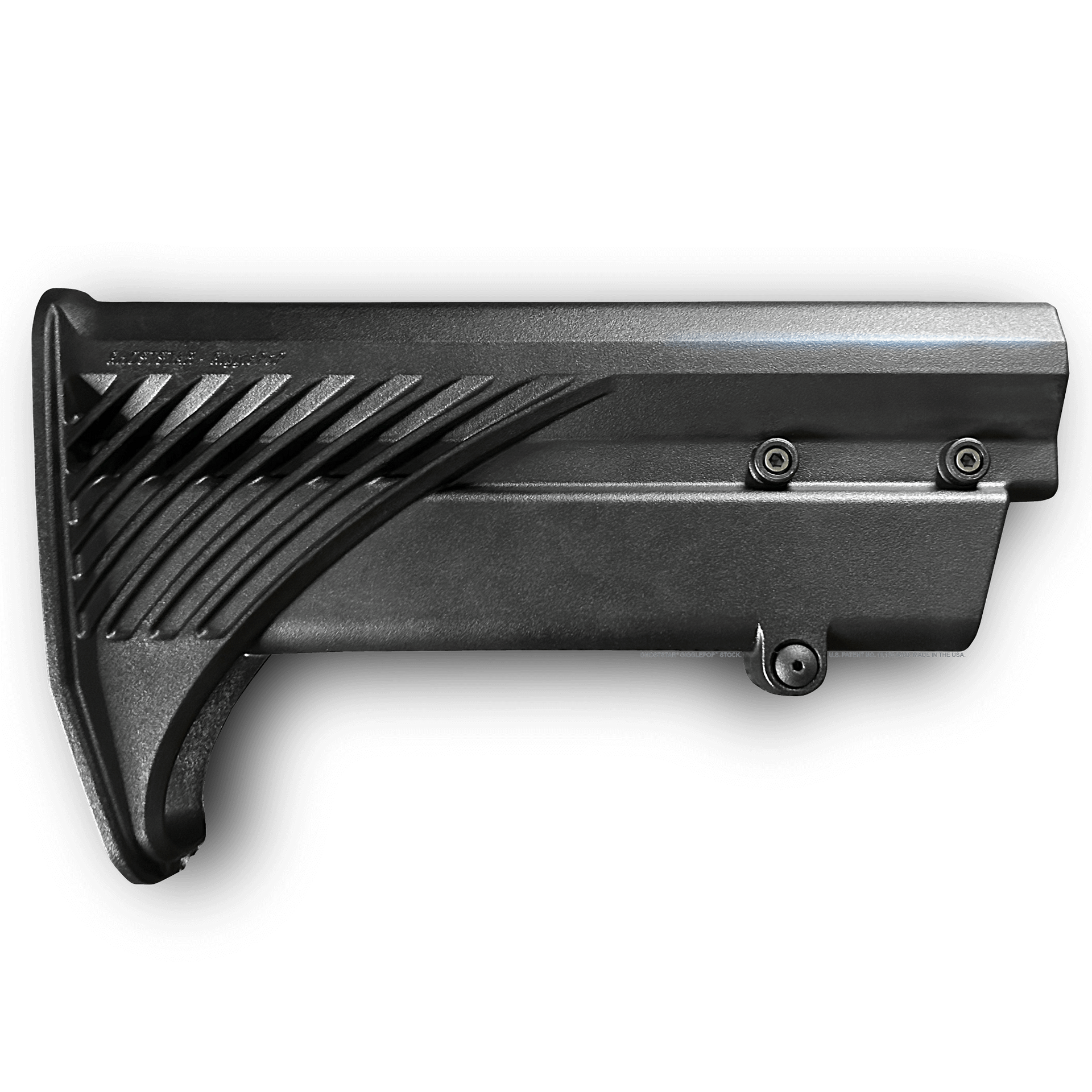 A close up of a black plastic item on a white background.