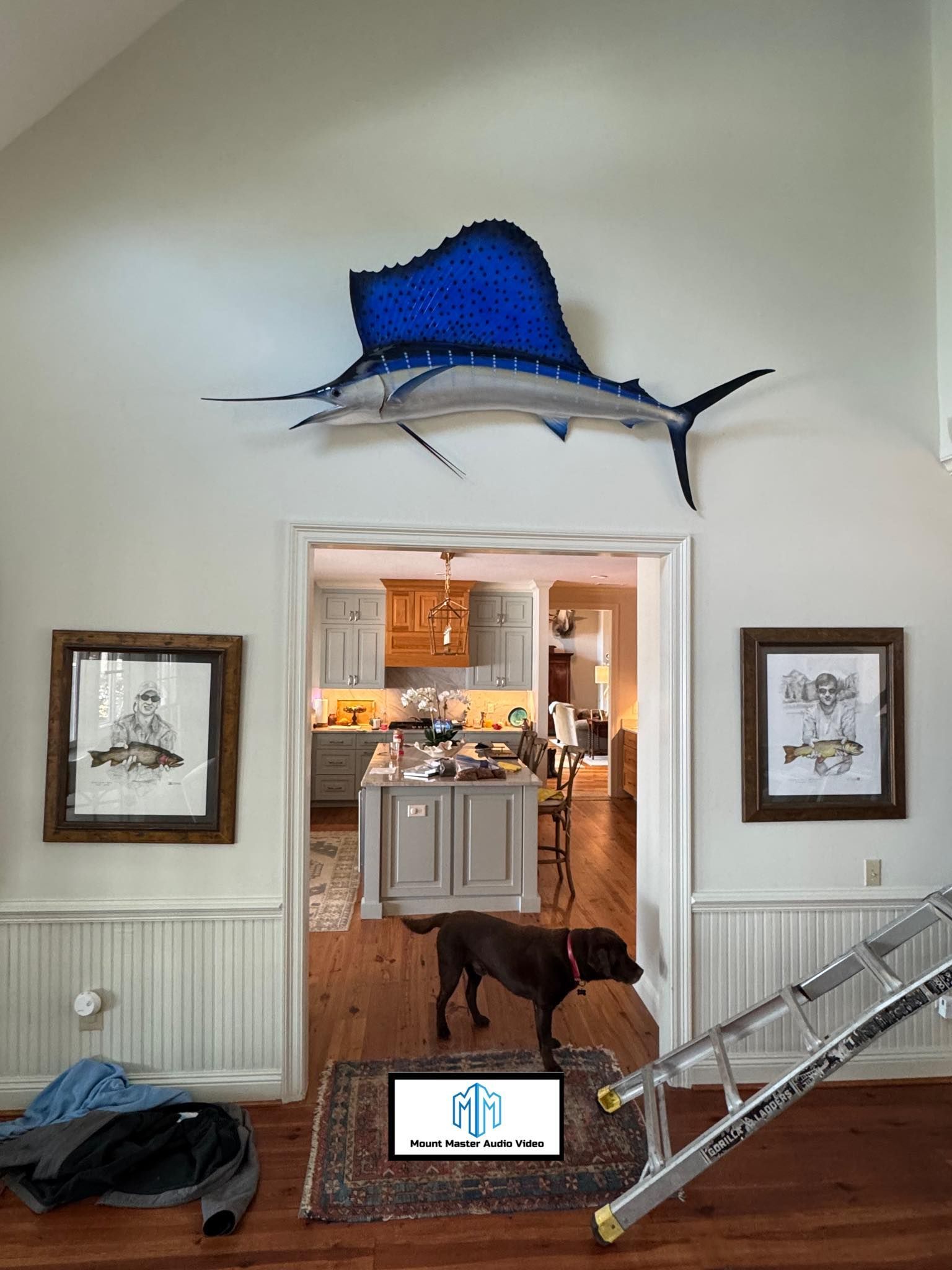 Sailfish sculpture above a doorway, framed artwork, dog, and ladder.