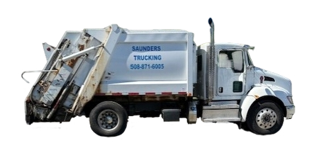 White garbage truck with Saunders Trucking logo. White garbage truck with Saunders Trucking logo.