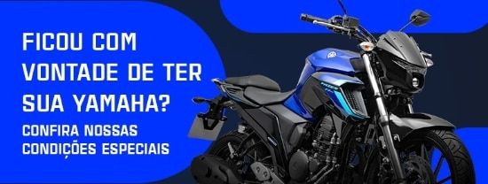 Blue motorcycle ad with Portuguese text asking, “Ficou com vontade de ter sua Yamaha?”