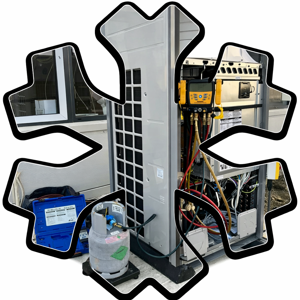 Technician using a blue power drill to install or repair a wall-mounted air conditioner