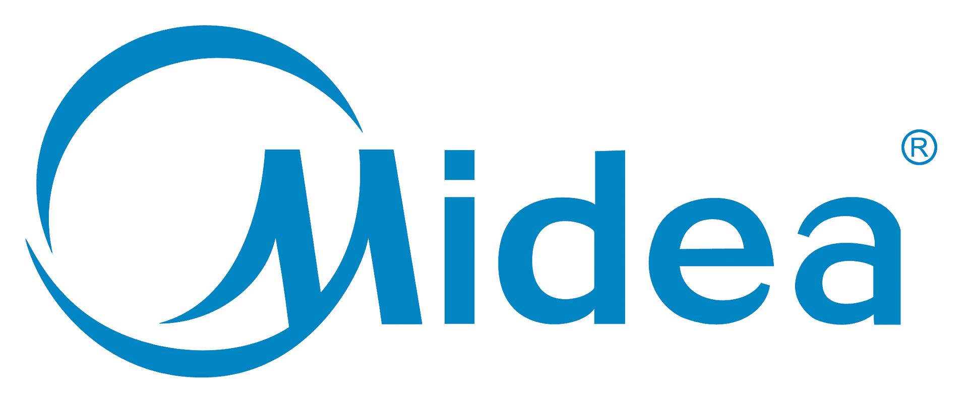 Midea logo in blue with stylized circular icon and wordmark