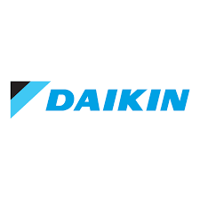 Daikin logo in blue with a black and cyan triangular mark on a white background