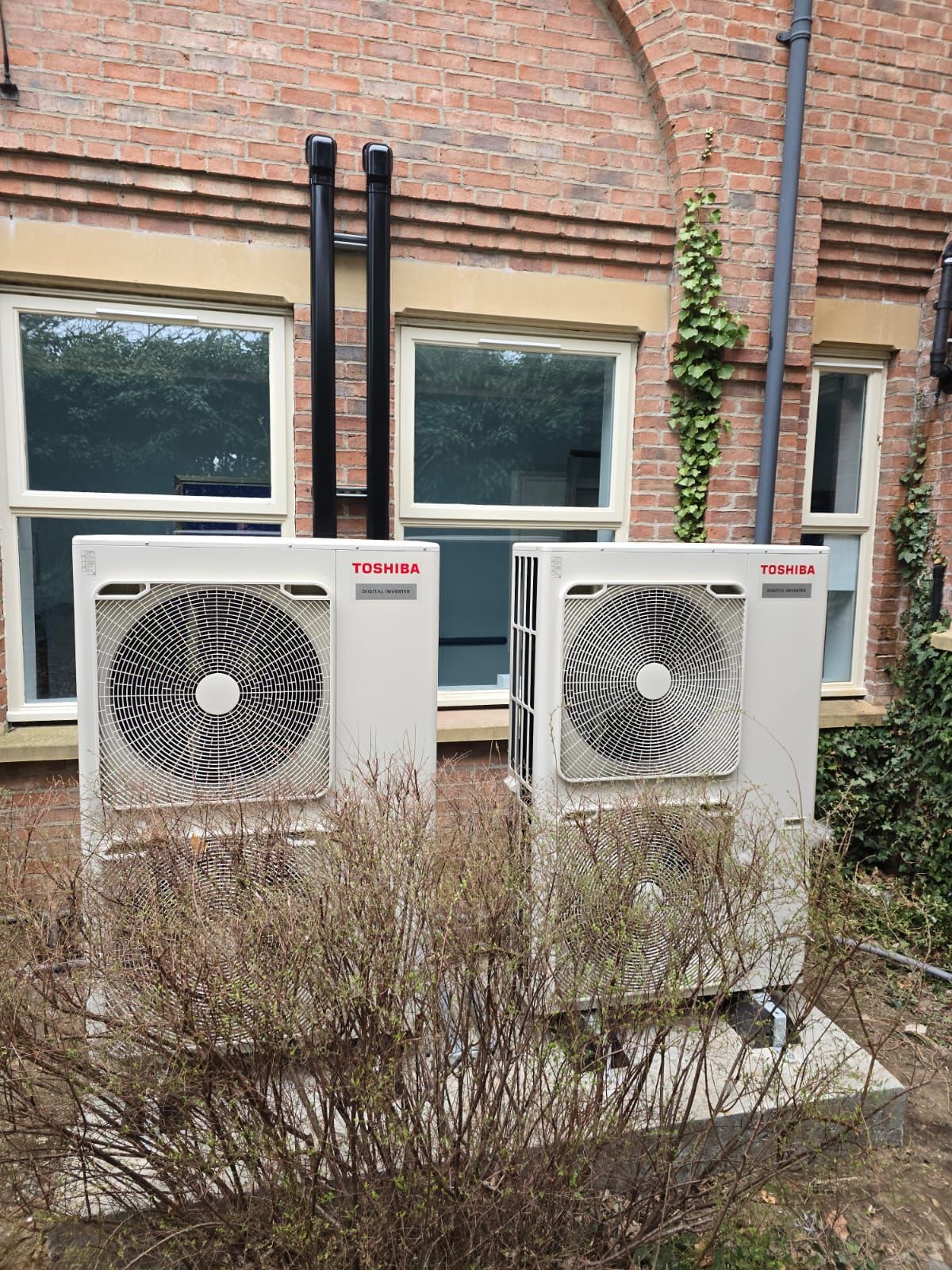 Two outdoor air conditioning units beside a brick building with windows and ivy.