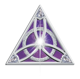 A purple and silver triangle with a circle in the middle