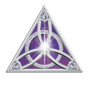 A purple and silver triangle with a circle in the middle