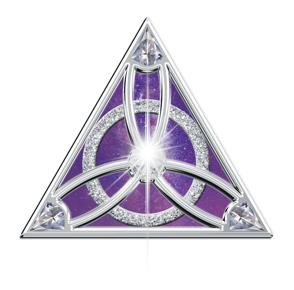 A purple and silver triangle with a circle in the middle