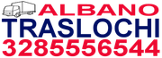 Logo di ALBANO TRASLOCHI in rosso e blu con l'icona di un camion per traslochi e il numero di telefono 3285565442