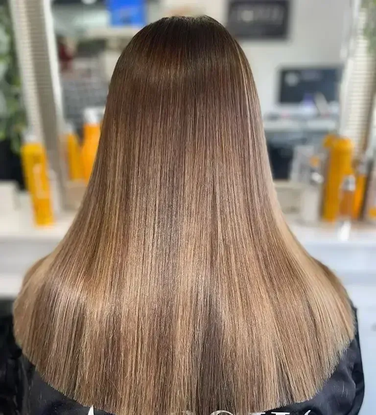 Long straight brown hair from the back in a salon setting