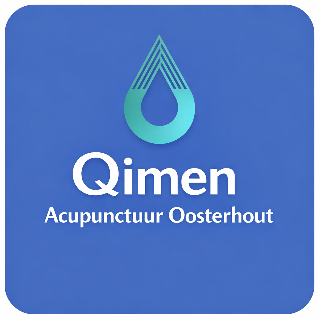 Qimen Acupunctuur Oosterhout logo on blue background with teal droplet icon and white text