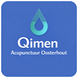 Qimen Acupunctuur Oosterhout logo on blue background with teal droplet icon and white text