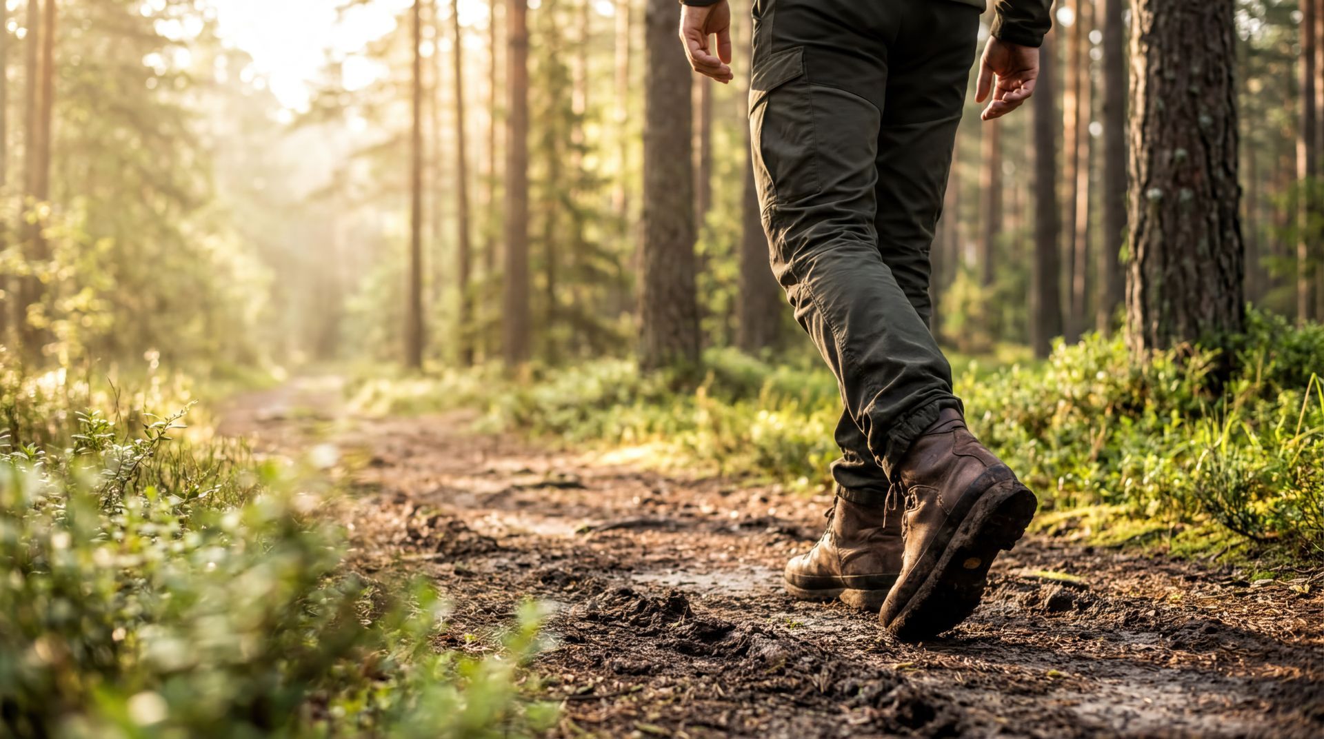 Hiker’s boots walking along a sunlit forest trail with trees and greenery