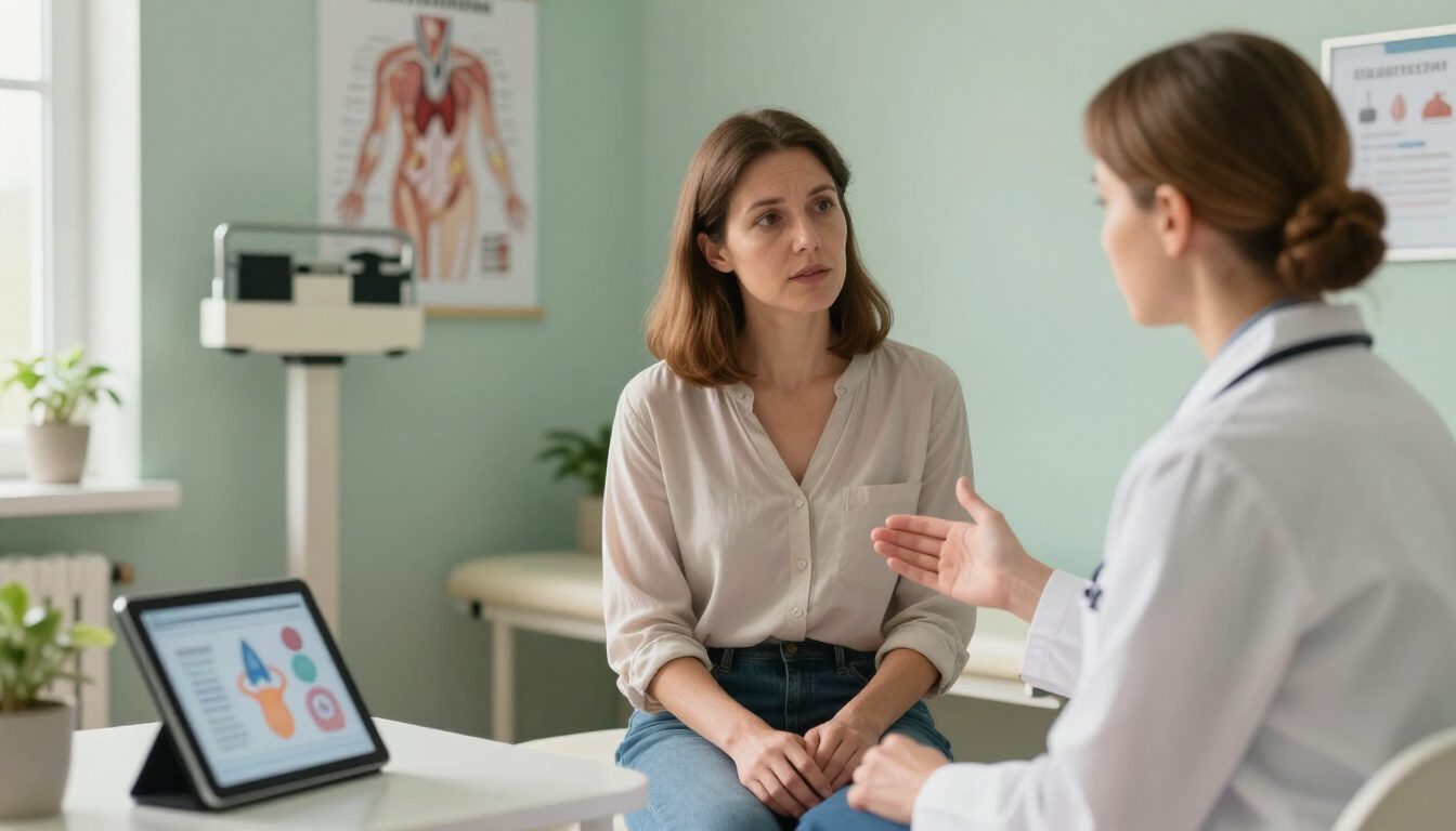 Doctor consulting with a patient in a clinic, with a tablet showing health charts nearby.
