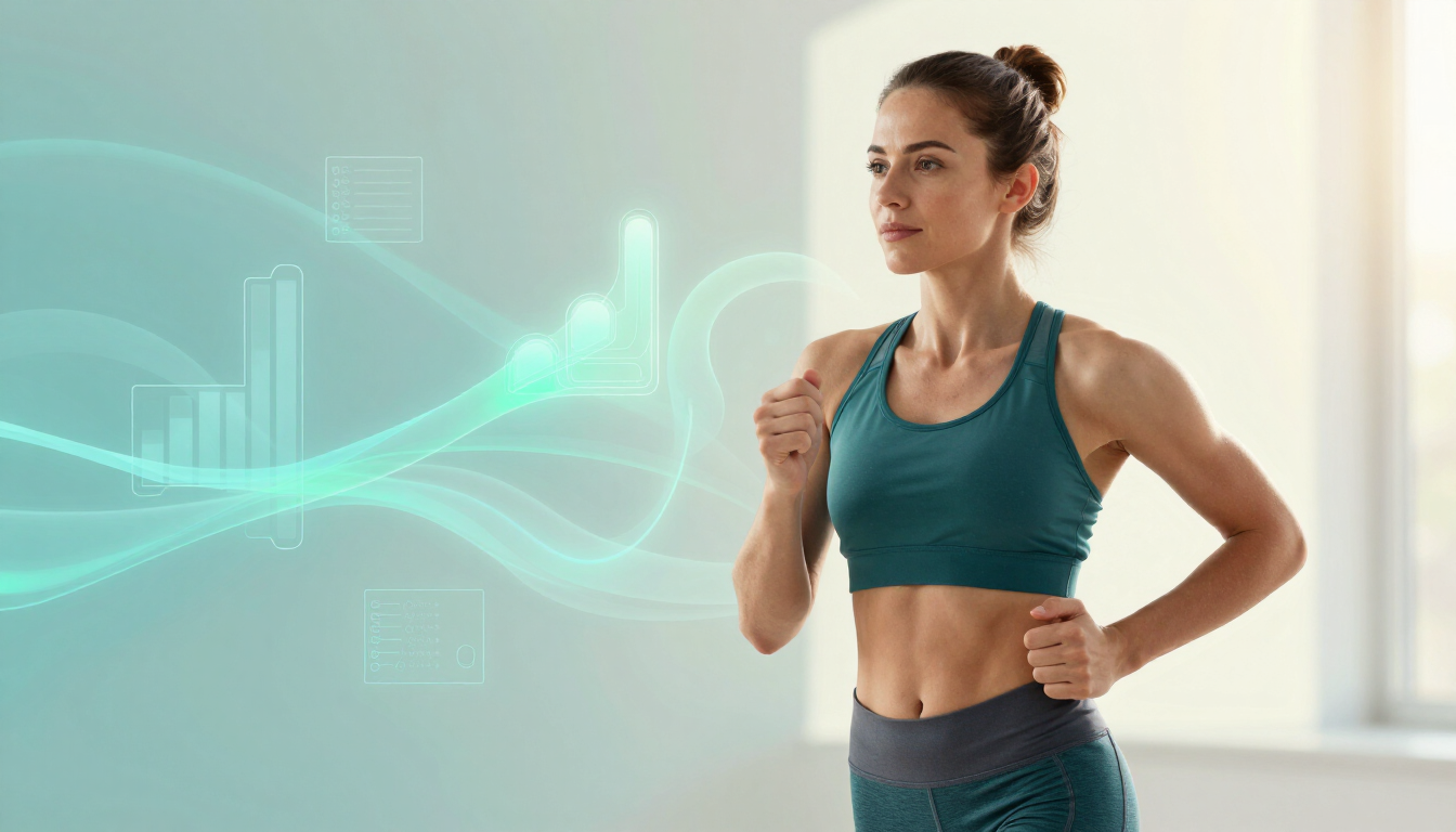 Woman jogging indoors in teal sportswear with fitness graphics in the background