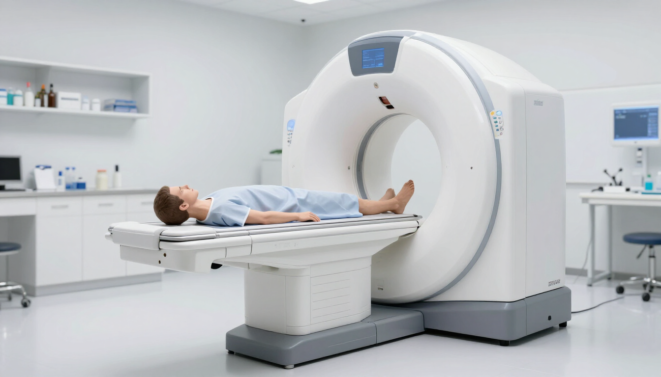 Patient lying on an MRI scanner bed in a bright medical imaging room