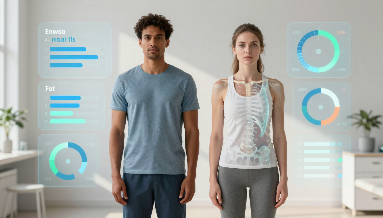 Two people standing in a bright room with blue health-data overlays on the wall