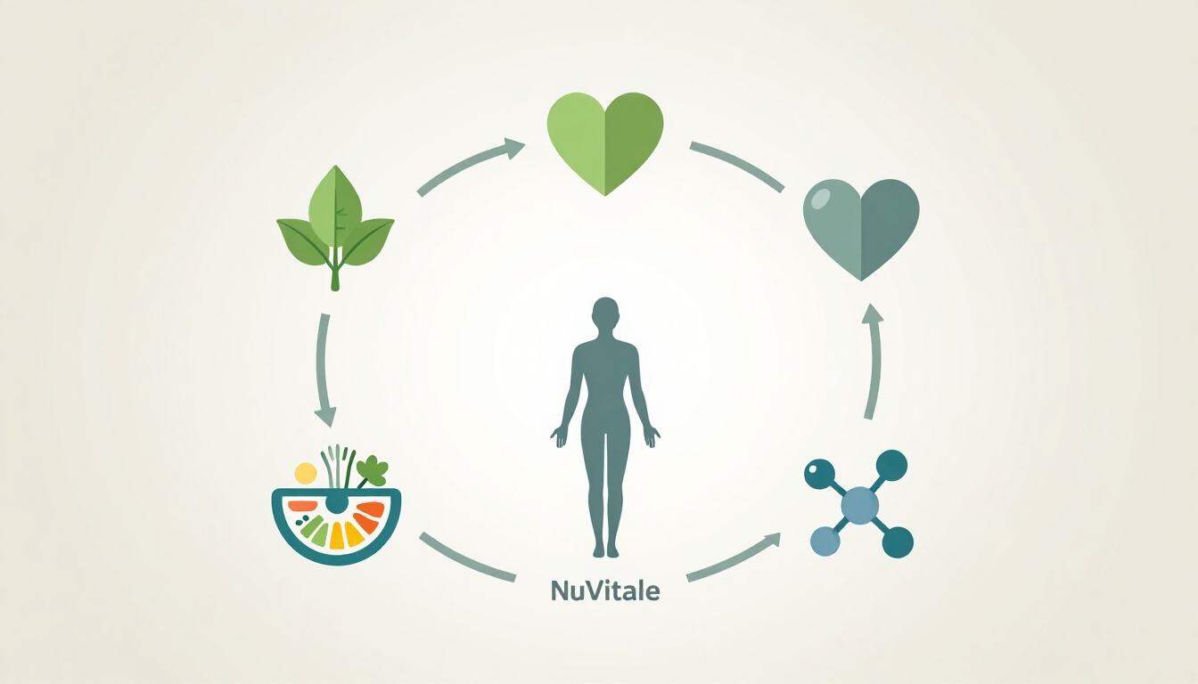 Circular infographic with green icons around a central human silhouette and “NUTRILE” at the bottom