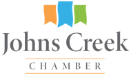 Johns Creek Chamber logo with orange, blue, and green ribbon shapes above gray text