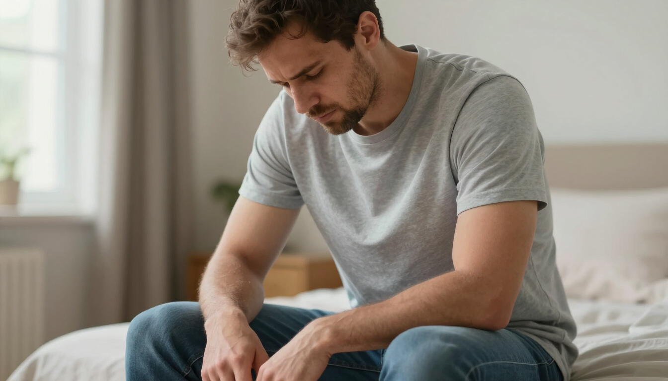 Man sitting on a bed, leaning forward and looking down, in a softly lit bedroom.