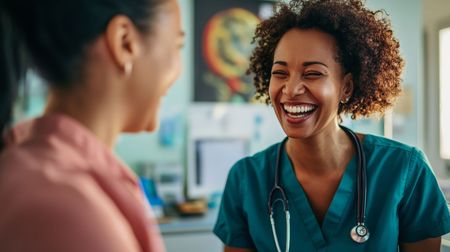 Smiling clinician in teal scrubs talks with a patient in a bright clinic room.