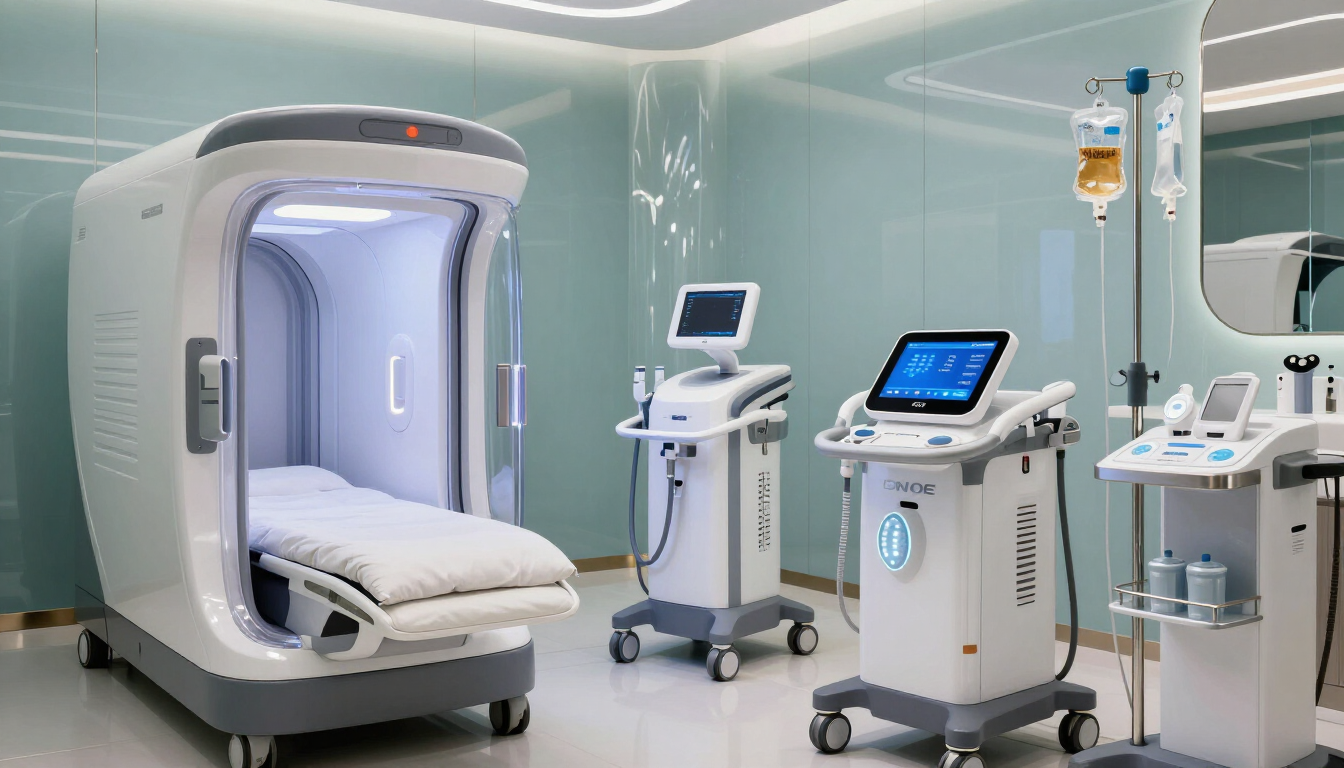 Modern medical room with CT scanner, monitors, and wheeled equipment in a clean clinical setting