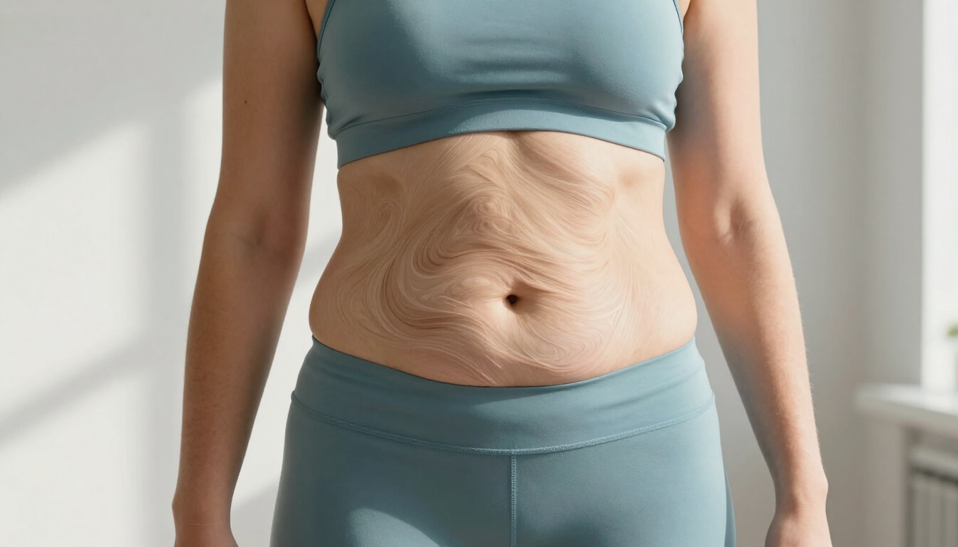 Person in teal workout clothes showing loose abdominal skin in a bright indoor setting
