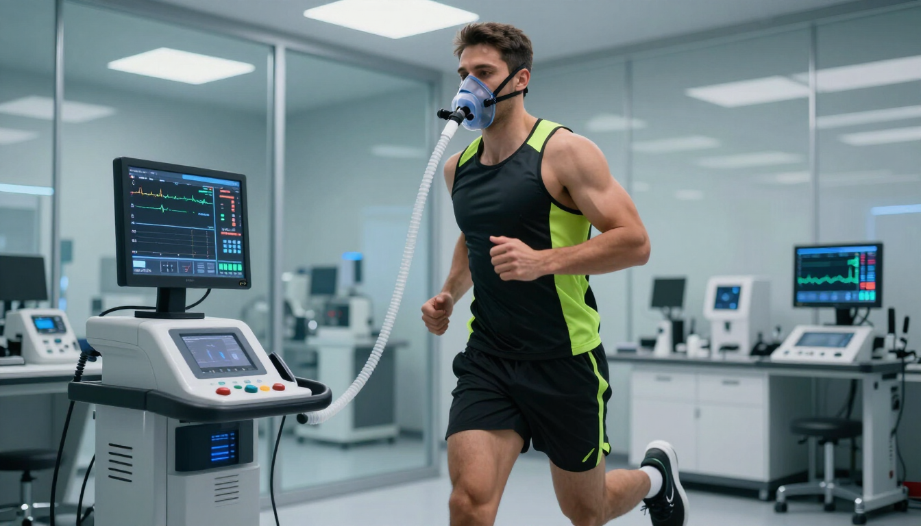 Runner on treadmill in a bright lab, wearing a breathing mask and monitoring workout equipment.
