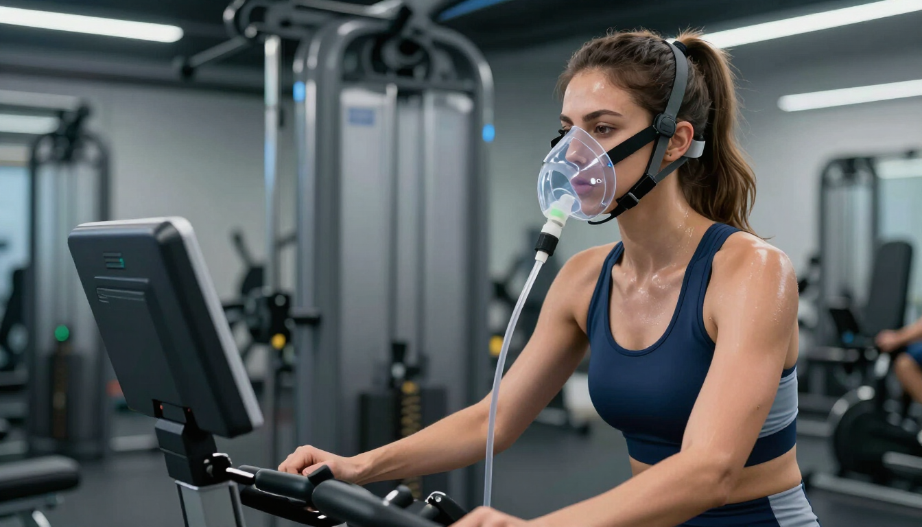 Woman exercising on a cardio machine in a gym, wearing a face mask and workout clothes.