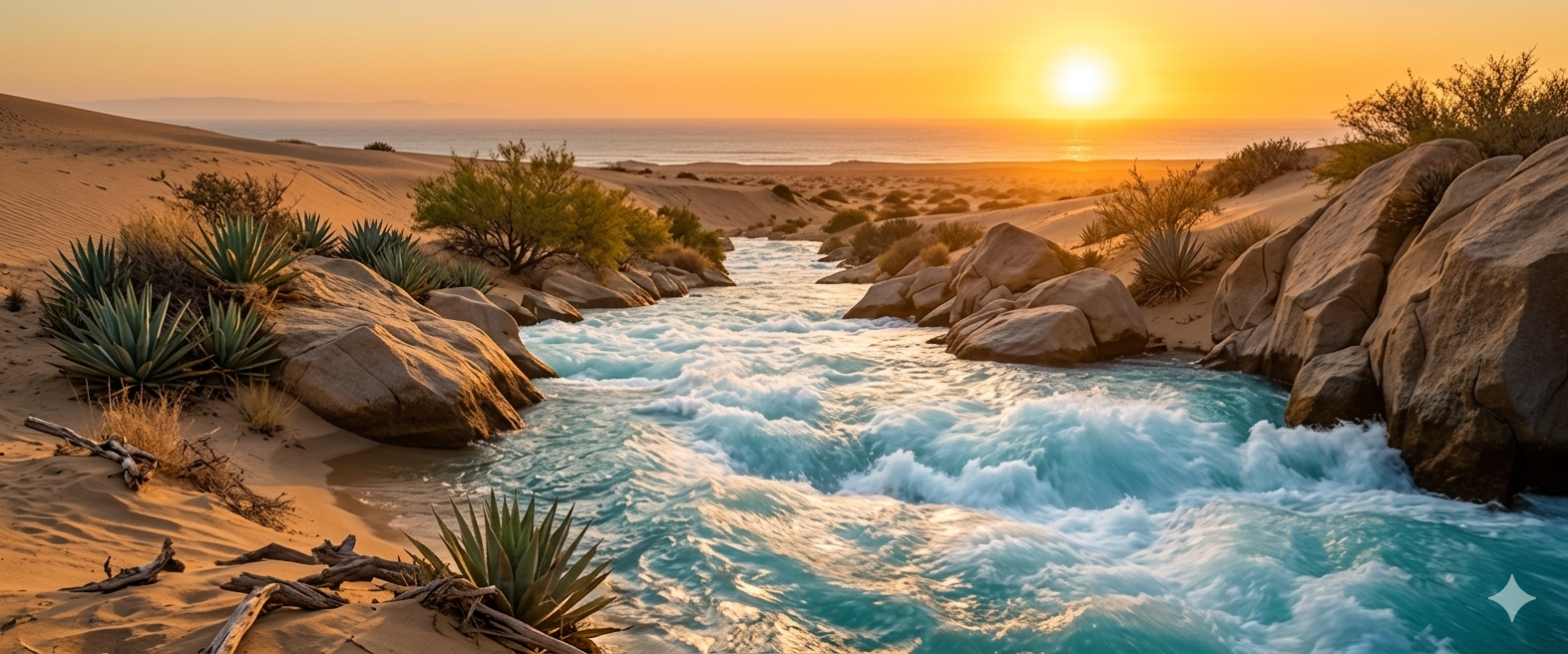 Sunlit turquoise river rushing through rocky canyon with trees at the banks