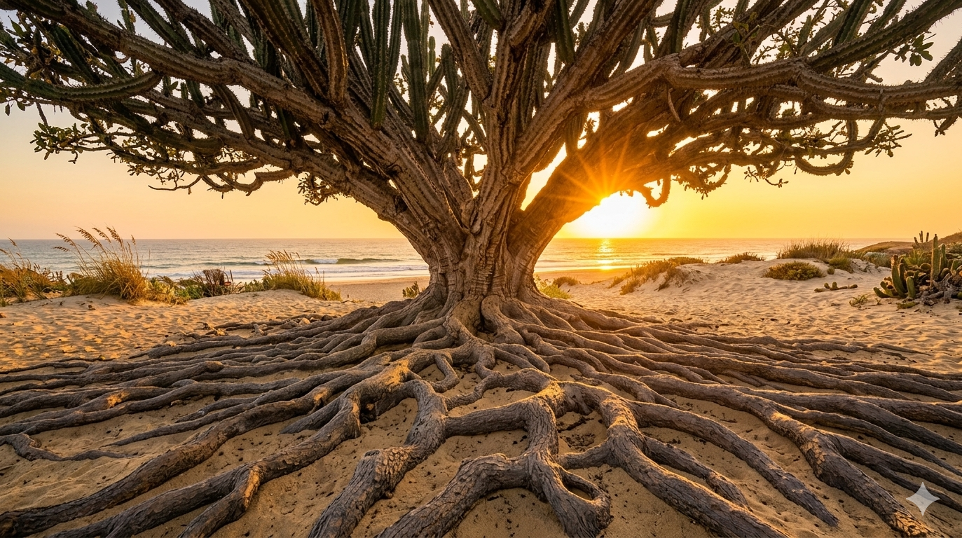 Sunlit tree with sprawling roots in a lush green forest