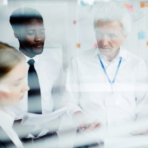 Colleagues in business attire reviewing documents together in a bright office meeting
