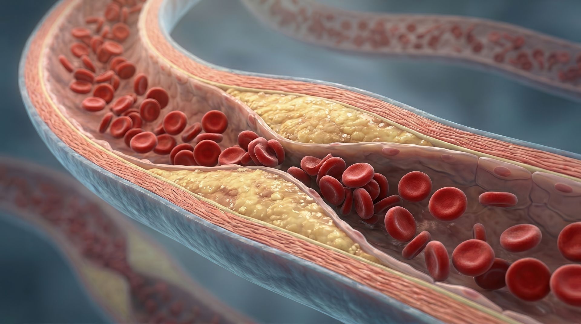Cross-section of a blood vessel with red blood cells flowing through a narrowed, plaque-lined artery
