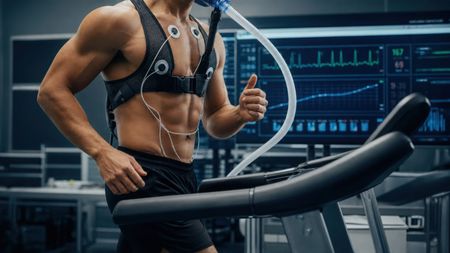 Athletic man on treadmill wearing a chest sensor, with fitness monitor graphs in the background