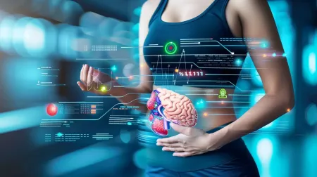 Person holding a glowing digital brain hologram over a blue medical interface