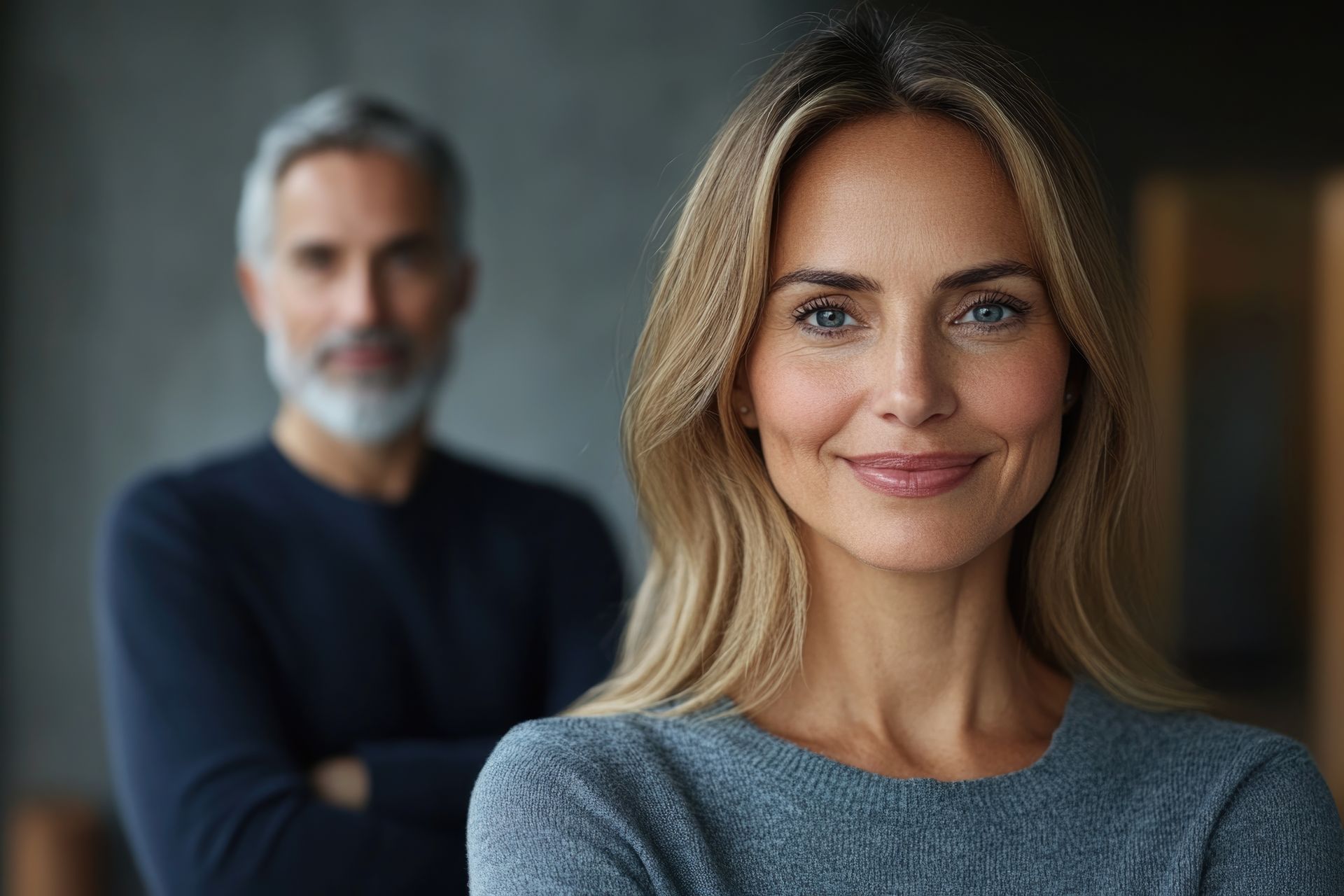 Two people indoors, with a smiling woman in focus and a man standing blurred in the background.